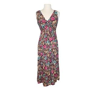 Vintage Women Tropical Floral Sleeveless V Neck Maxi Dress Small Multicolor